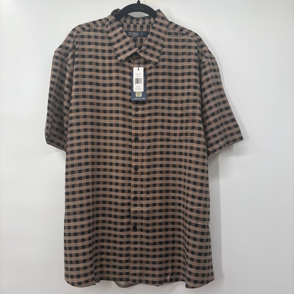 Nat Nast Luxury Mens XL Silk Blend Plaid Short Sleeve Shirt Black Tan NWT
